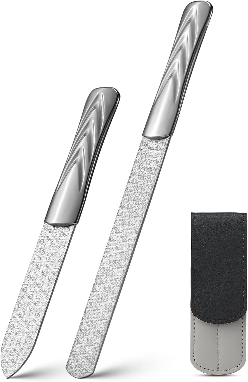 FVION Nail File Set - 2 PCS Professional Metal Nail Files, Stainless Steel Nail File for Fingernails Toenails, Double-Sided Nail File with Coarse and Fine Manicure Pedicure Tools - Large-0