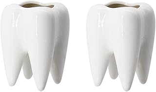 Cute Tooth Shaped White Ceramic Planter Pots Flower Plant Containers, Mini Ceramic Succulent Planter Pots, Creative Pen Pencil Holder for Office Home Desk Decor, Plants Not Included (2 Pcs)