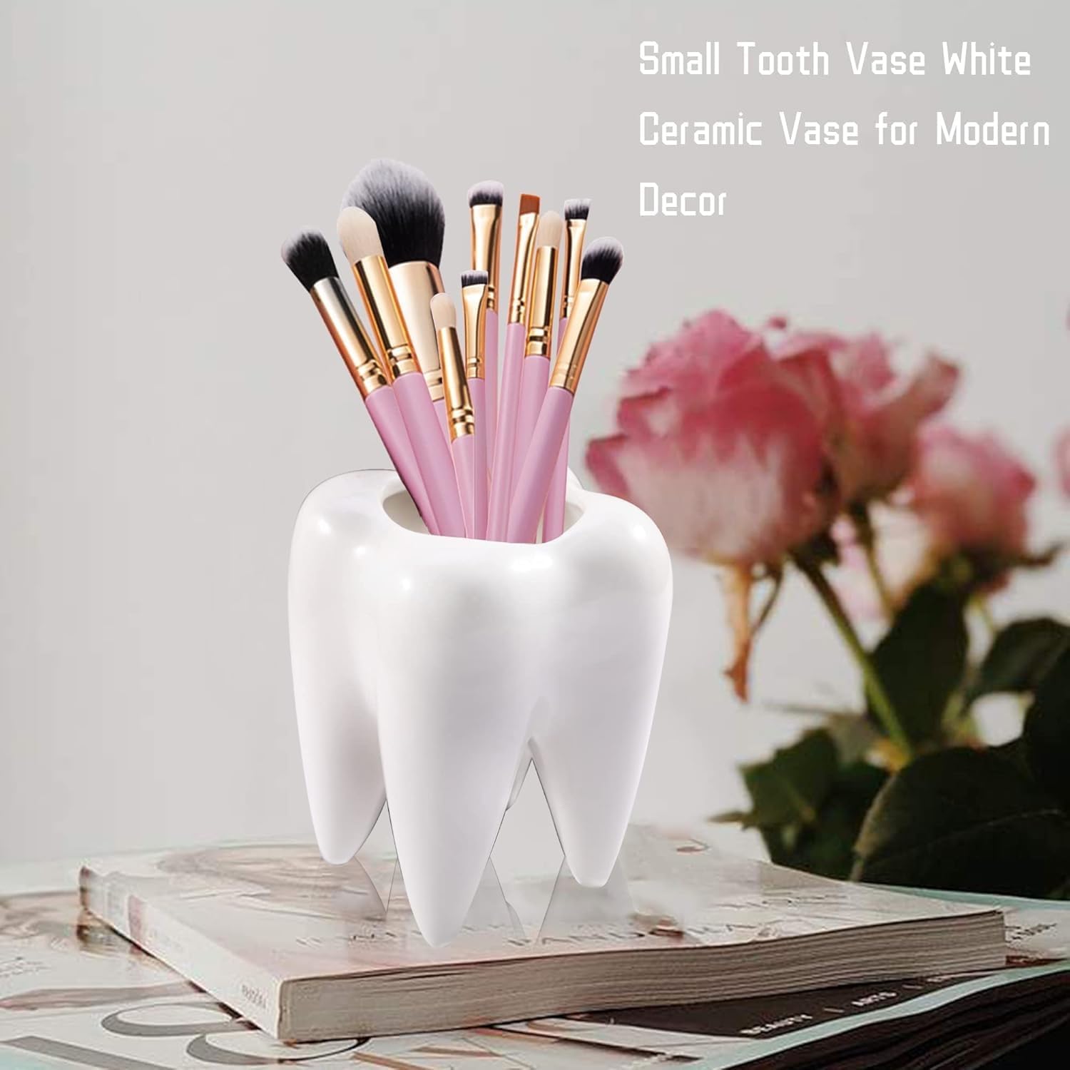 Cute Tooth Shaped White Ceramic Planter Pots Flower Plant Containers, Mini Ceramic Succulent Planter Pots, Creative Pen Pencil Holder for Office Home Desk Decor, Plants Not Included (2 Pcs)-7