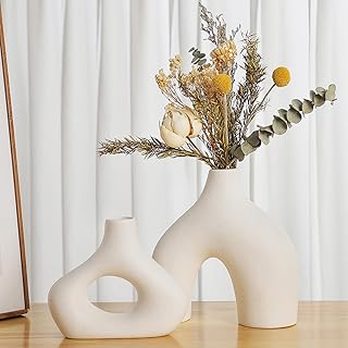 CEMABT White Ceramic Vase Set of 2 for Modern Minimalist Bohemian Decor，Round Matte Donut Vases for Pampas Grass-Perfect for Living Room, Dining Table, Office Bedroom Shelf Decor Entryway, Console