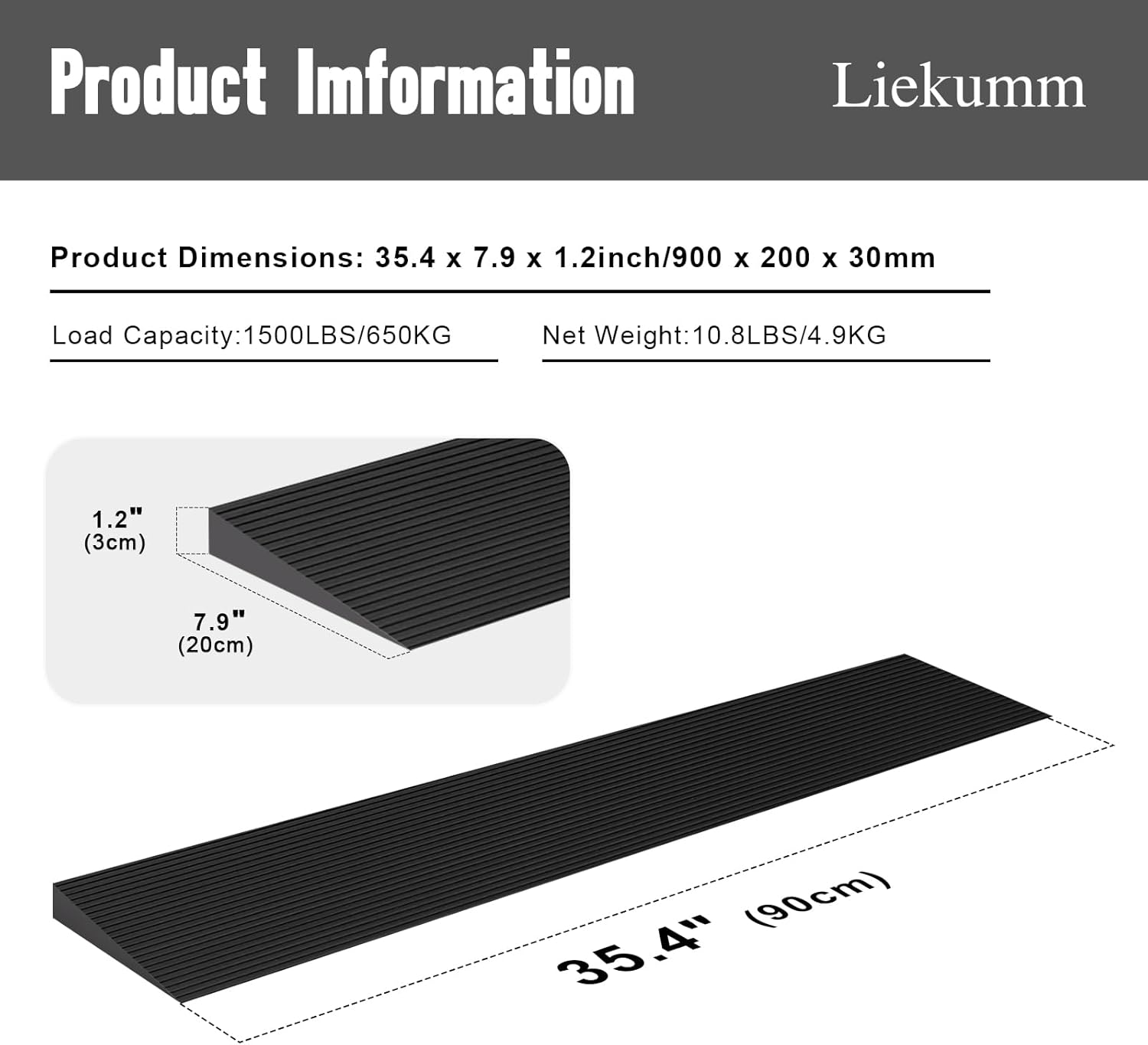 LIEKUMM 1.2" Rise Wheelchair Ramps for Doorways, 1500 LBS Capacity Rubber Threshold Ramp, 35.4" Wide Non-Slip Threshold Ramp, Ramps for Wheelchairs for Home, Doorways, Curbs and Garage, Cuttable-1