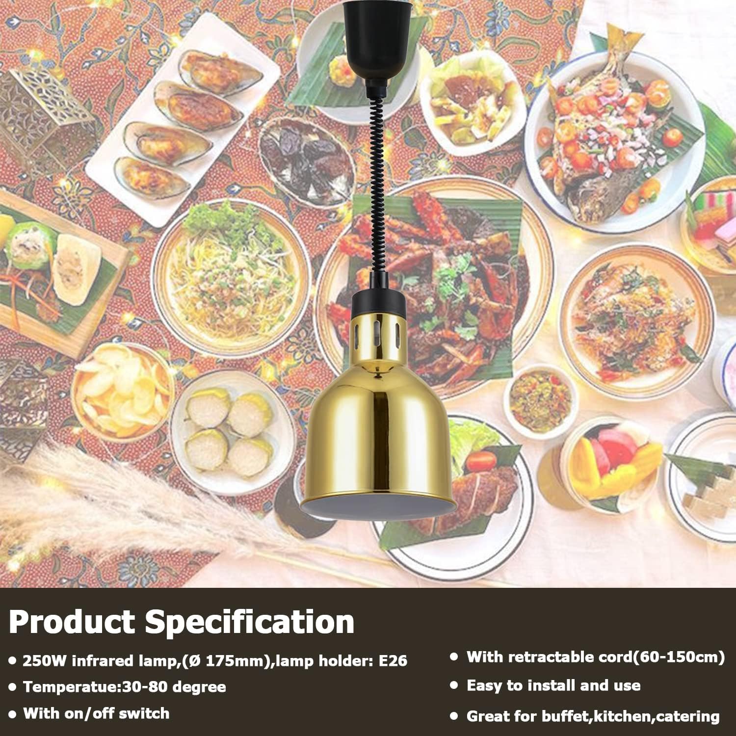 Hanging Food Heat Lamp 250 Watts Food Warmer Light Buffet Heating Food Lamps Commercial for Fried Food(Gold)-1