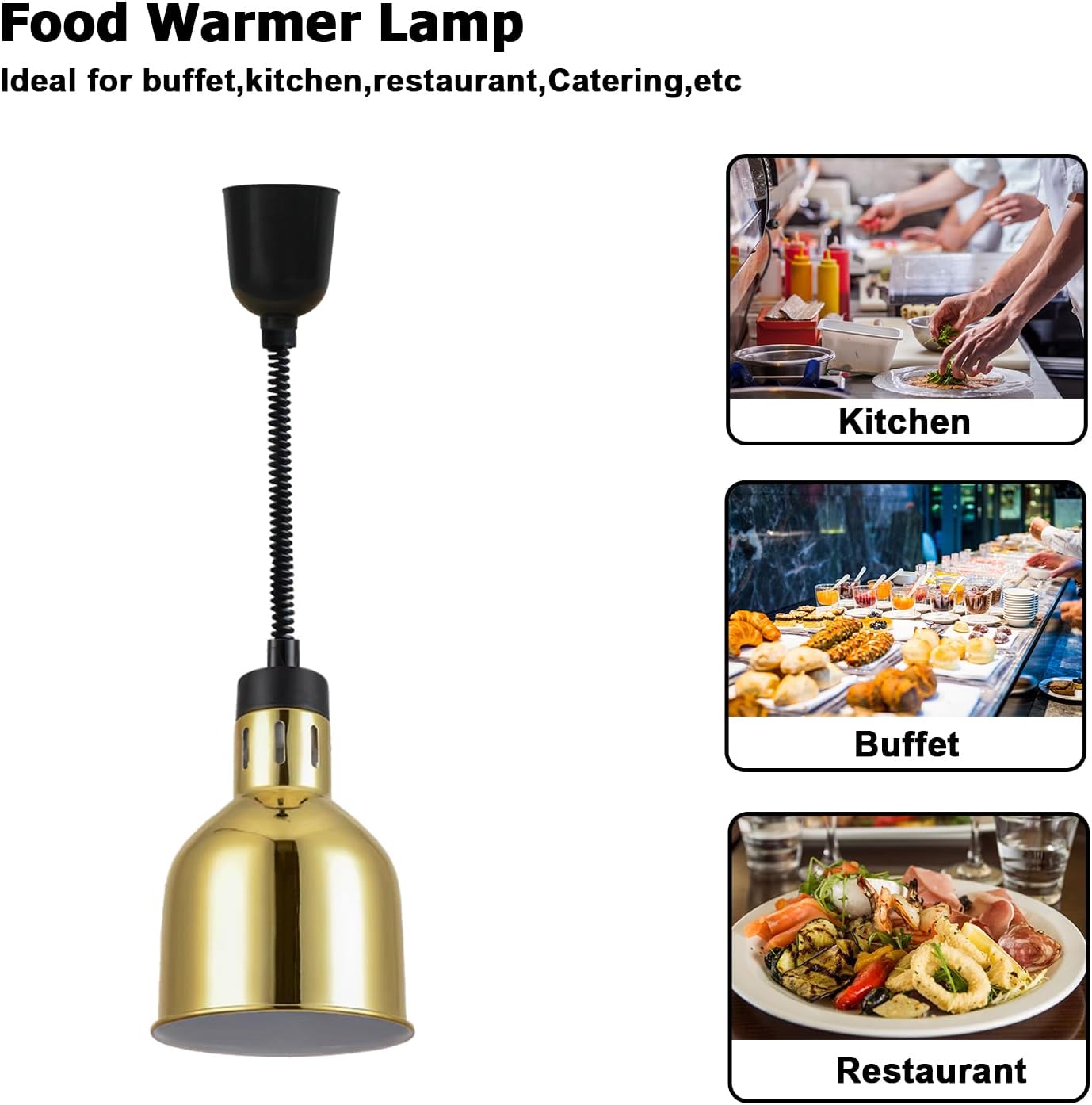 Hanging Food Heat Lamp 250 Watts Food Warmer Light Buffet Heating Food Lamps Commercial for Fried Food(Gold)-3