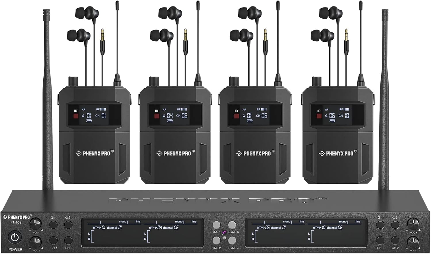 Phenyx Pro Wireless in Ear Monitor System, Quad-Channel Wireless IEM System, Metal IEM w/ 4 Bodypacks, 4x25 UHF Frequencies, Rack Mount, 164ft Range, Mono Deisgn, for Studio/Band (PTM-33)-0