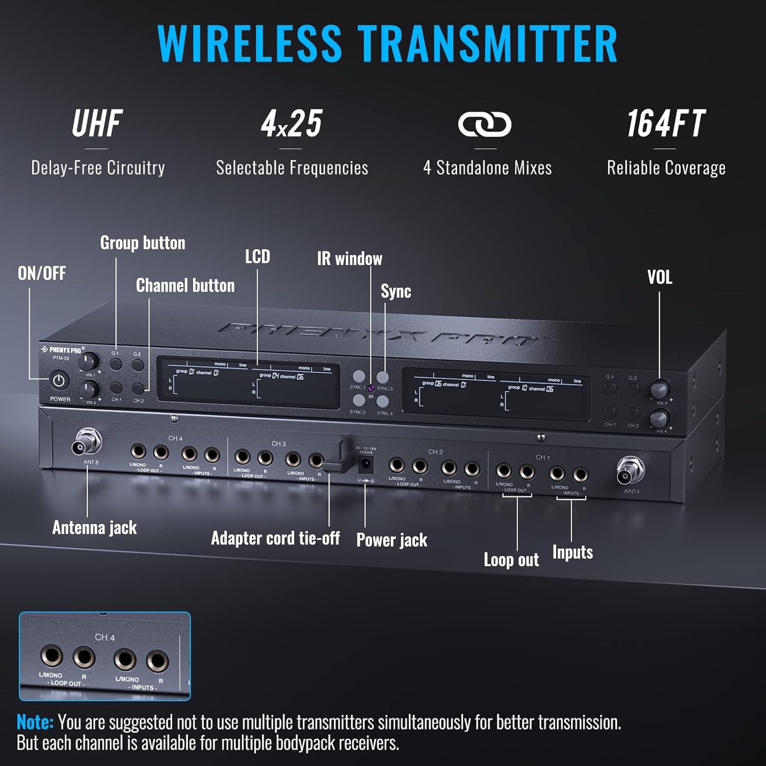 Phenyx Pro Wireless in Ear Monitor System, Quad-Channel Wireless IEM System, Metal IEM w/ 4 Bodypacks, 4x25 UHF Frequencies, Rack Mount, 164ft Range, Mono Deisgn, for Studio/Band (PTM-33)-1