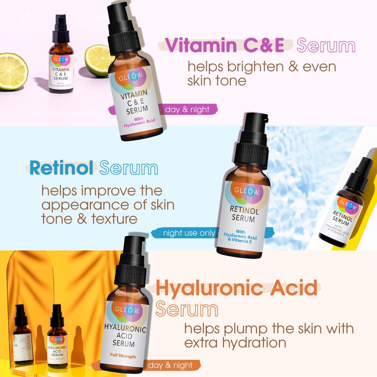 Retinol Serum for Face - Vitamin C Face Serum with Hyaluronic Acid Serum for Face - Vitamin C Serum for Face - Retinol for Face - Hydrating Face Serum for Women and Men 3x1oz - Glow Face Serums-2