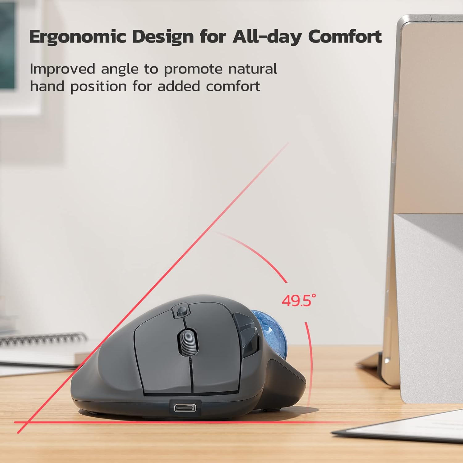 Nulea M501 Wireless Trackball Mouse, Rechargeable Ergonomic, Easy Thumb Control, Precise & Smooth Tracking, 3 Device Connection (Bluetooth or USB Receiver), Compatible for PC, Laptop, Mac, Windows.-2