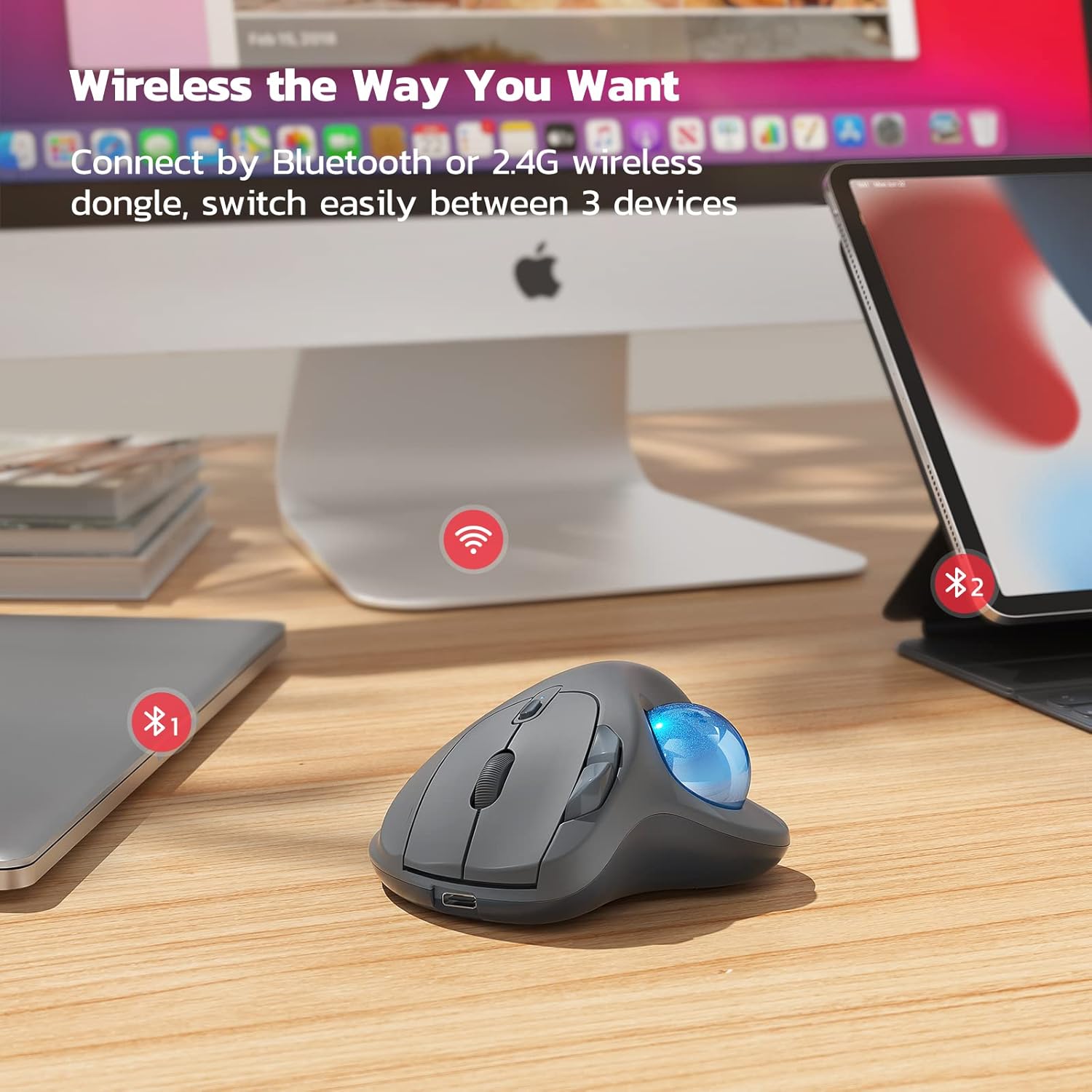 Nulea M501 Wireless Trackball Mouse, Rechargeable Ergonomic, Easy Thumb Control, Precise & Smooth Tracking, 3 Device Connection (Bluetooth or USB Receiver), Compatible for PC, Laptop, Mac, Windows.-3