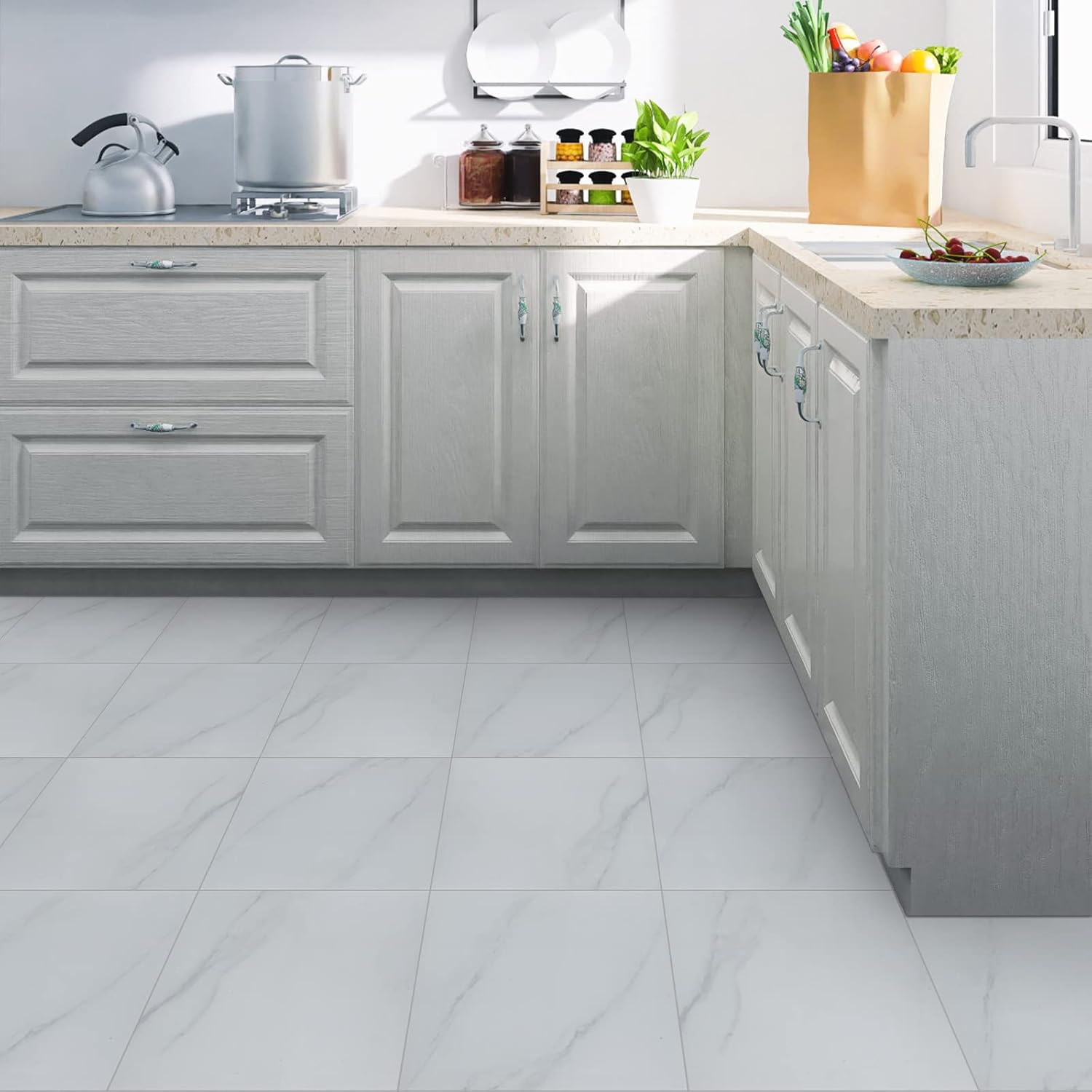 Peel and Stick Floor Tile Marble Vinyl Flooring Floor Tiles Peel and Stick Waterproof 12 in X 12 in Self Adhesive Peel and Stick Flooring for Kitchen Bathroom Bedroom 10 Pcs-6