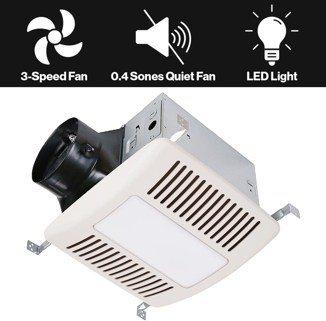 Haier Bathroom Exhaust Fan with 4000K LED Lights, 140 CFM, 10W Bathroom Vent Fan with 3 Speed Exhaust Control, 0.4 Sones Quiet Bathroom Fan for Home, HVI Listed, White-1