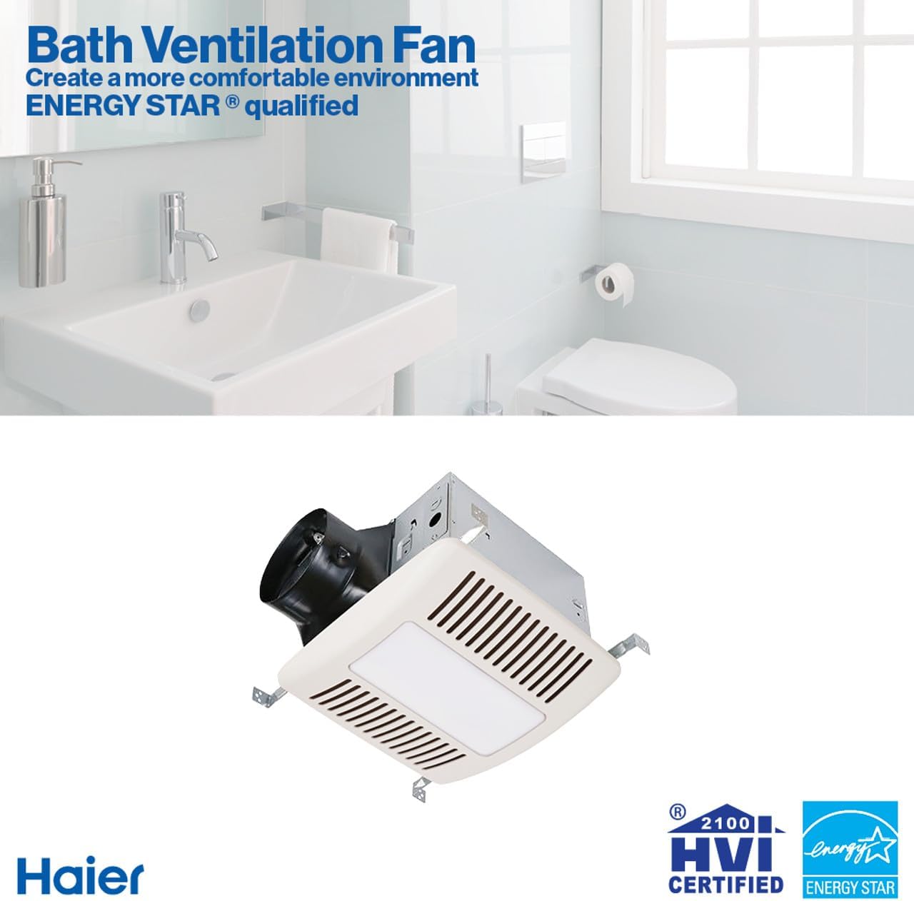 Haier Bathroom Exhaust Fan with 4000K LED Lights, 140 CFM, 10W Bathroom Vent Fan with 3 Speed Exhaust Control, 0.4 Sones Quiet Bathroom Fan for Home, HVI Listed, White-5