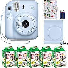 Fujifilm Instax Mini 12 Instant Camera + MiniMate Accessory Bundle & Compatible Custom Case + Fuji Instax Film Value Pack (50 Sheets) Flamingo Designer Photo Album (Pastel Blue)