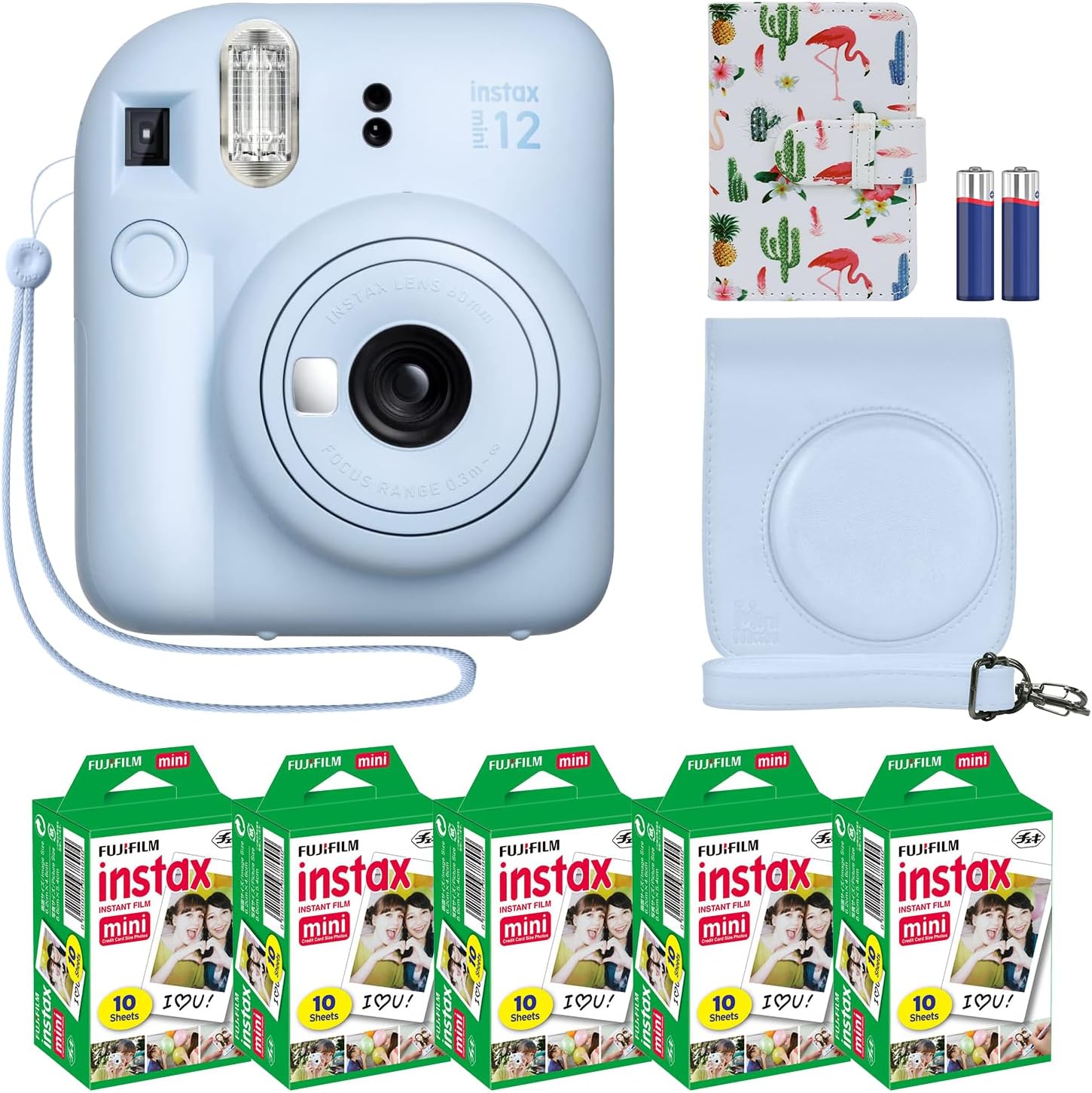 Fujifilm Instax Mini 12 Instant Camera + MiniMate Accessory Bundle & Compatible Custom Case + Fuji Instax Film Value Pack (50 Sheets) Flamingo Designer Photo Album (Pastel Blue)-0