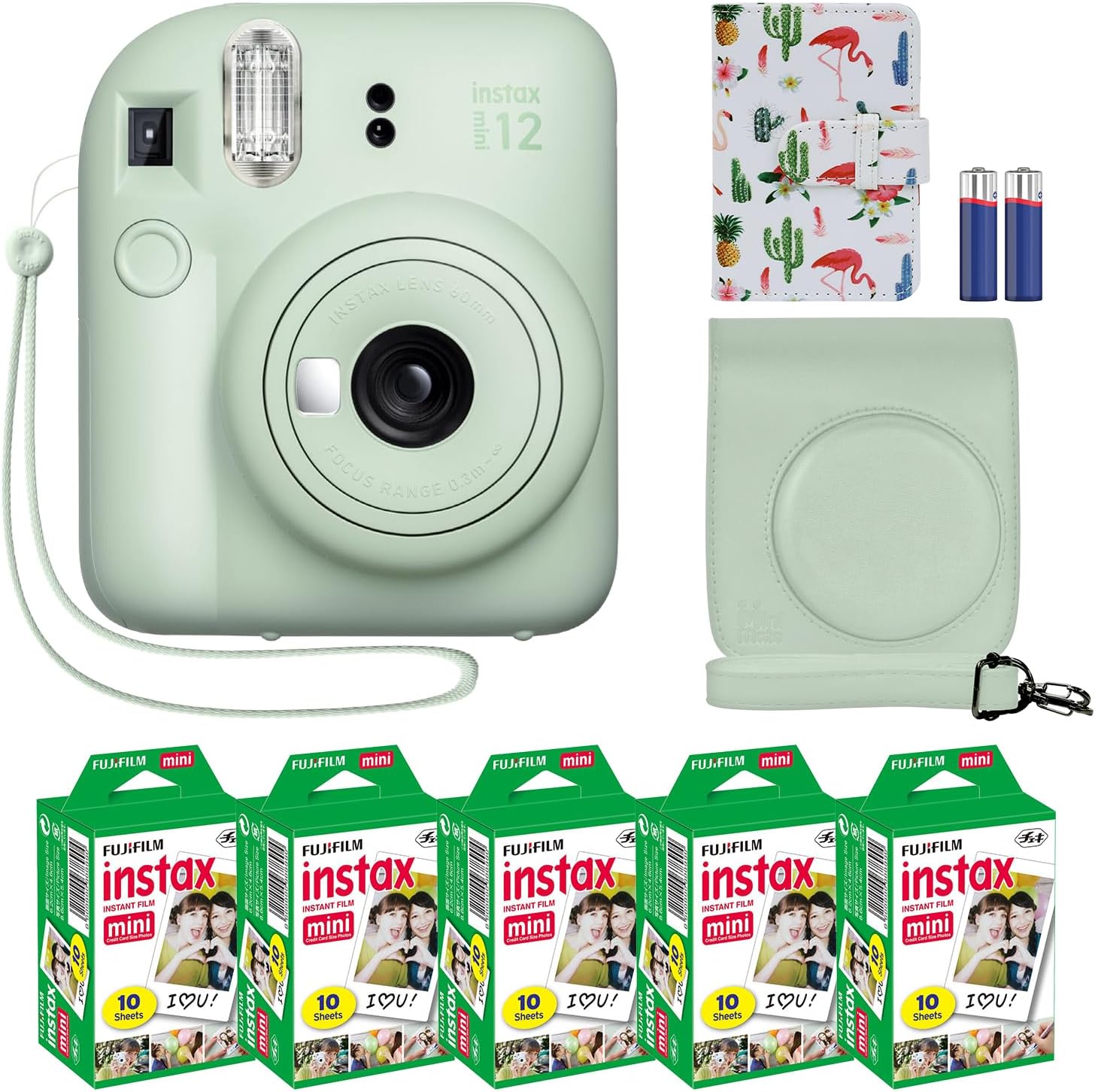 Fujifilm Instax Mini 12 Instant Camera + MiniMate Accessory Bundle & Compatible Custom Case + Fuji Instax Film Value Pack (50 Sheets) Flamingo Designer Photo Album (Mint Green)-0