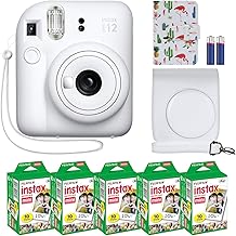 Fujifilm Instax Mini 12 Instant Camera + MiniMate Accessory Bundle & Compatible Custom Case + Fuji Instax Film Value Pack (50 Sheets) Flamingo Designer Photo Album (Ice White)