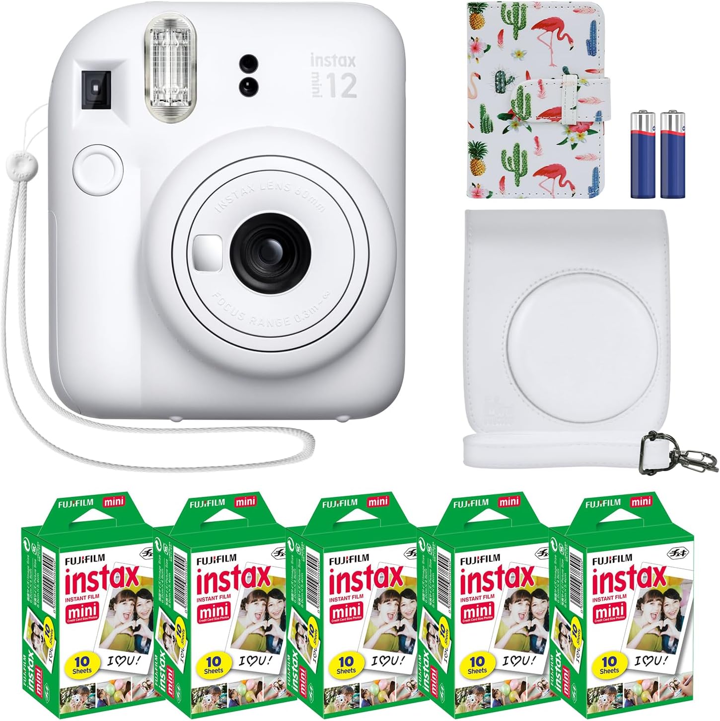 Fujifilm Instax Mini 12 Instant Camera + MiniMate Accessory Bundle & Compatible Custom Case + Fuji Instax Film Value Pack (50 Sheets) Flamingo Designer Photo Album (Ice White)-0