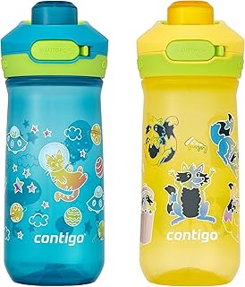 Contigo 14oz Leak-Proof Kids Water Bottle, Dishwasher-Safe, Pack of 2 in Fun Juniper/Spacecraft & Pineapple/Trash Pandas Design - Ideal for Travel & Outdoor Activities