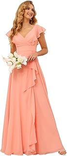 TIRAS Long Chiffon Bridesmaid Dresses for Women V Neck Ruffled Split Long Formal Evening Dress