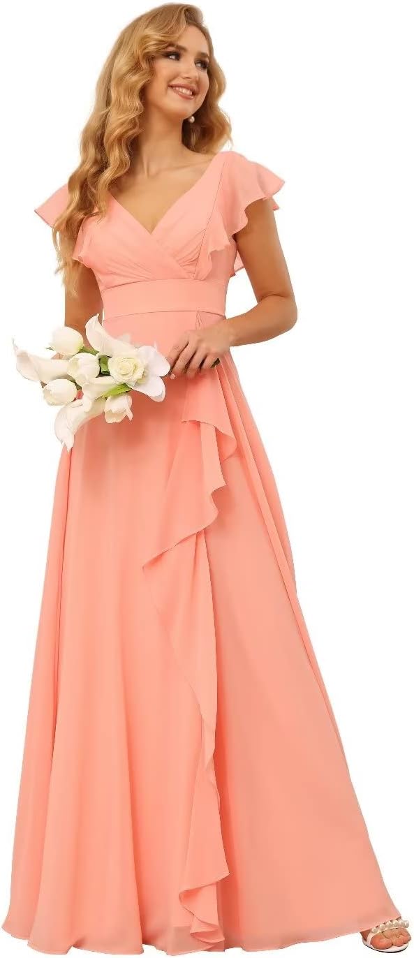 TIRAS Long Chiffon Bridesmaid Dresses for Women V Neck Ruffled Split Long Formal Evening Dress-0