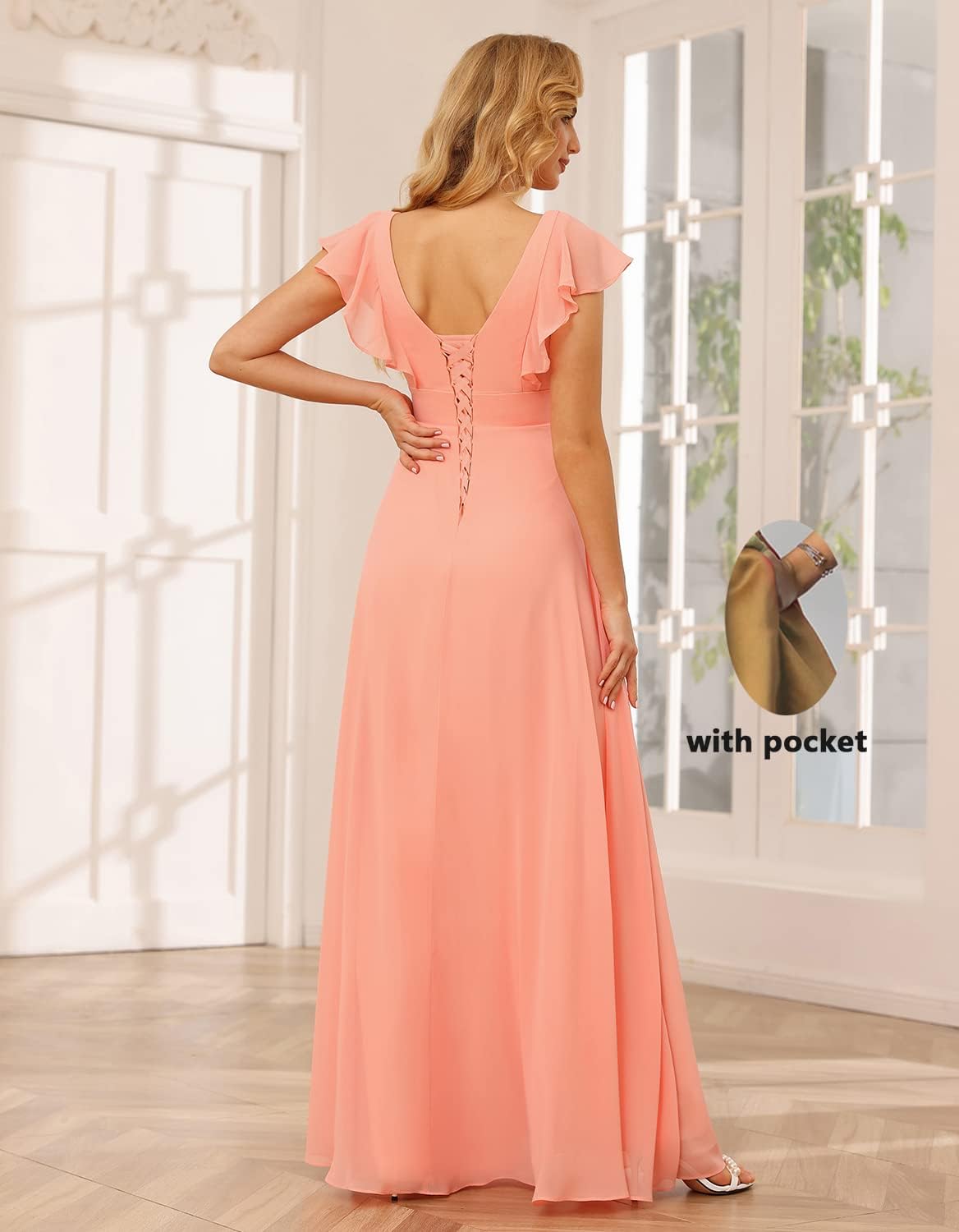 TIRAS Long Chiffon Bridesmaid Dresses for Women V Neck Ruffled Split Long Formal Evening Dress-1