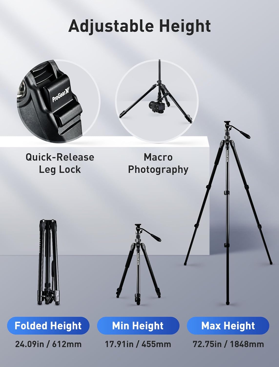 73″ Camera Tripod, Professional Complete Tripod with 360°Fluid Head, QR Plate, Robust Aluminium Alloy Body, Carrying Bag, Video Tripod for Camera, DSLR, SLR, Canon, Nikon, Binoculars-2