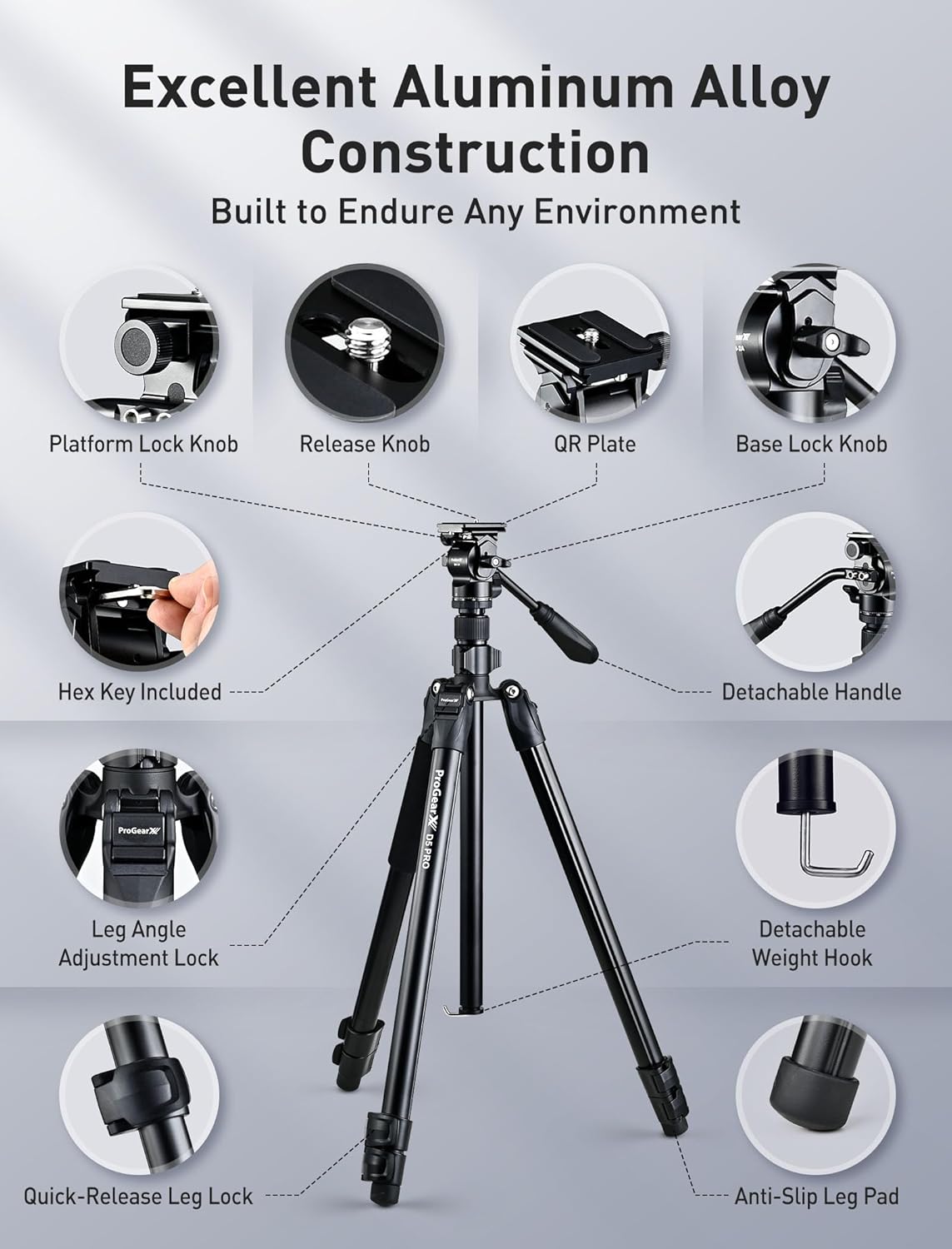 73″ Camera Tripod, Professional Complete Tripod with 360°Fluid Head, QR Plate, Robust Aluminium Alloy Body, Carrying Bag, Video Tripod for Camera, DSLR, SLR, Canon, Nikon, Binoculars-6