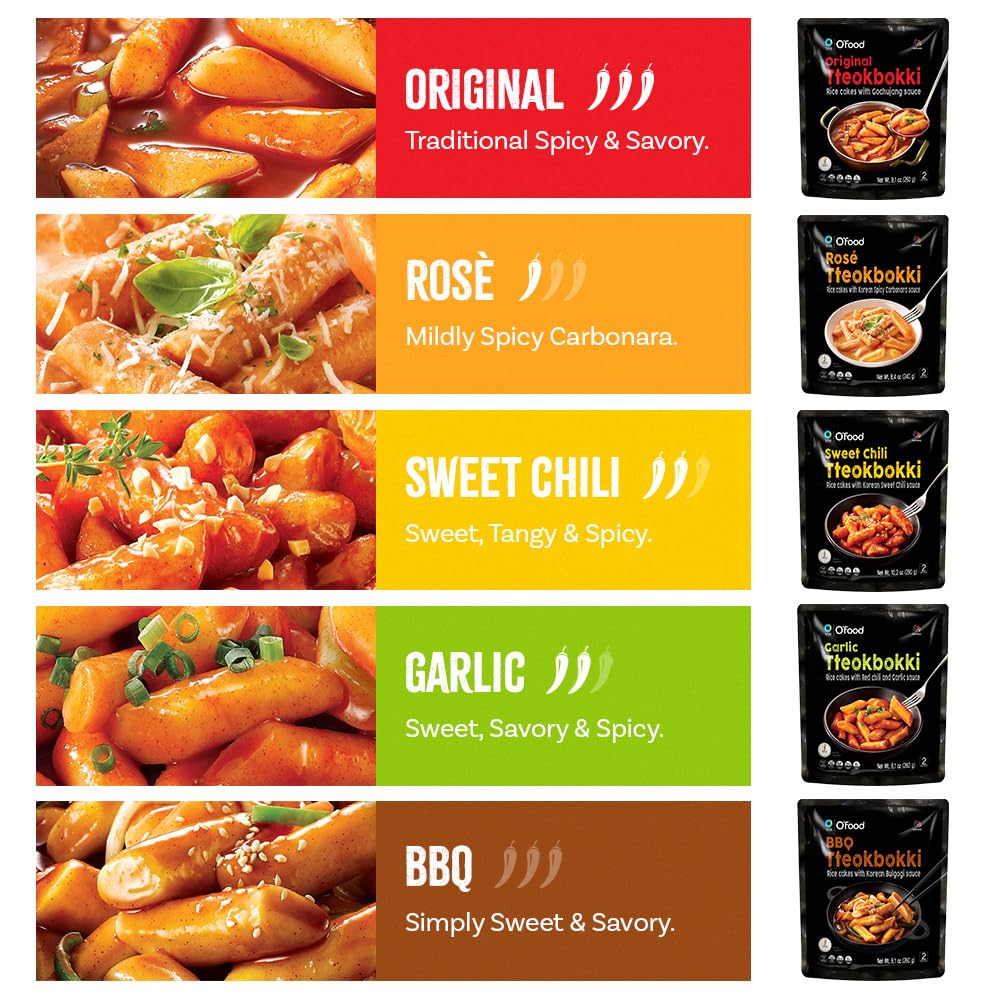 Chung Jung One O'Food Tteokbokki Variety Pack, Pack of 5, Instant Korean Rice Cakes, Authentic Spicy Street Food, Ready to Eat, No MSG, No Corn Syrup-1