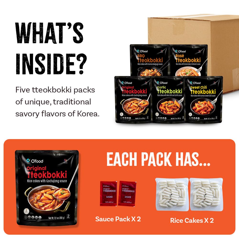 Chung Jung One O'Food Tteokbokki Variety Pack, Pack of 5, Instant Korean Rice Cakes, Authentic Spicy Street Food, Ready to Eat, No MSG, No Corn Syrup-2