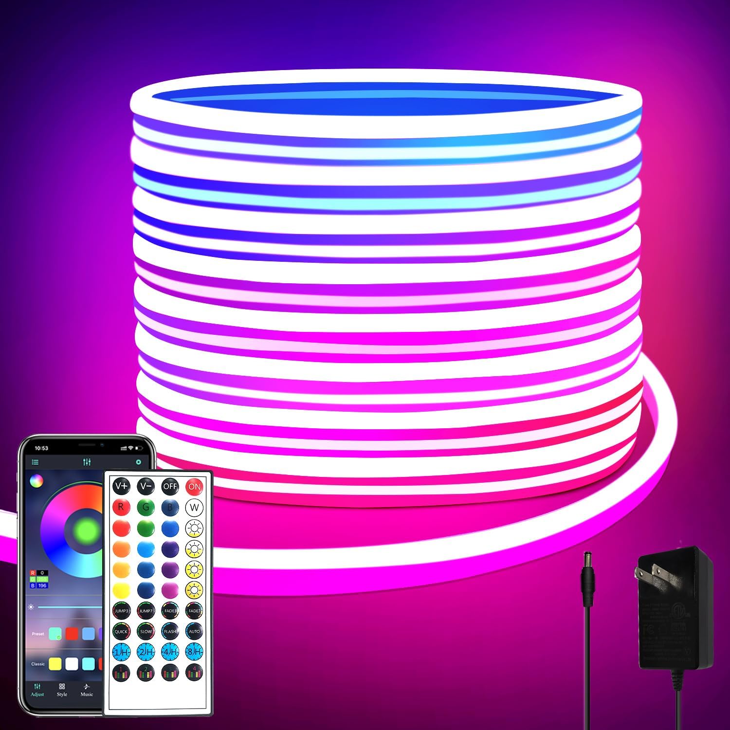 32.8ft LED neon Lights with Remote APP Control IP65 Waterproof Flexible Neon Strip Lights 24V RGB Rope Lights for Bedroom Room Outdoors Decor-0