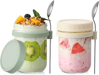 LANDNEOO 2 Pack Overnight Oats Containers with Lids and Spoons, 16 oz Glass Mason Jars for Overnight Oats, Large Capacity Airtight Jars for Milk, Cereal, Fruit (Beige+Green)