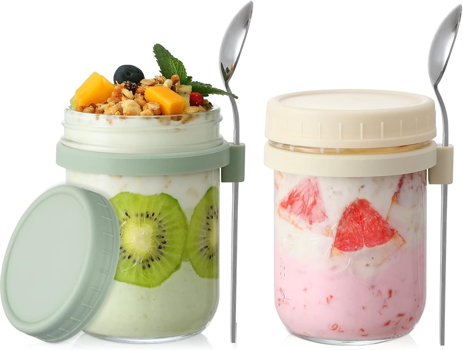 LANDNEOO 2 Pack Overnight Oats Containers with Lids and Spoons, 16 oz Glass Mason Jars for Overnight Oats, Large Capacity Airtight Jars for Milk, Cereal, Fruit (Beige+Green)-0