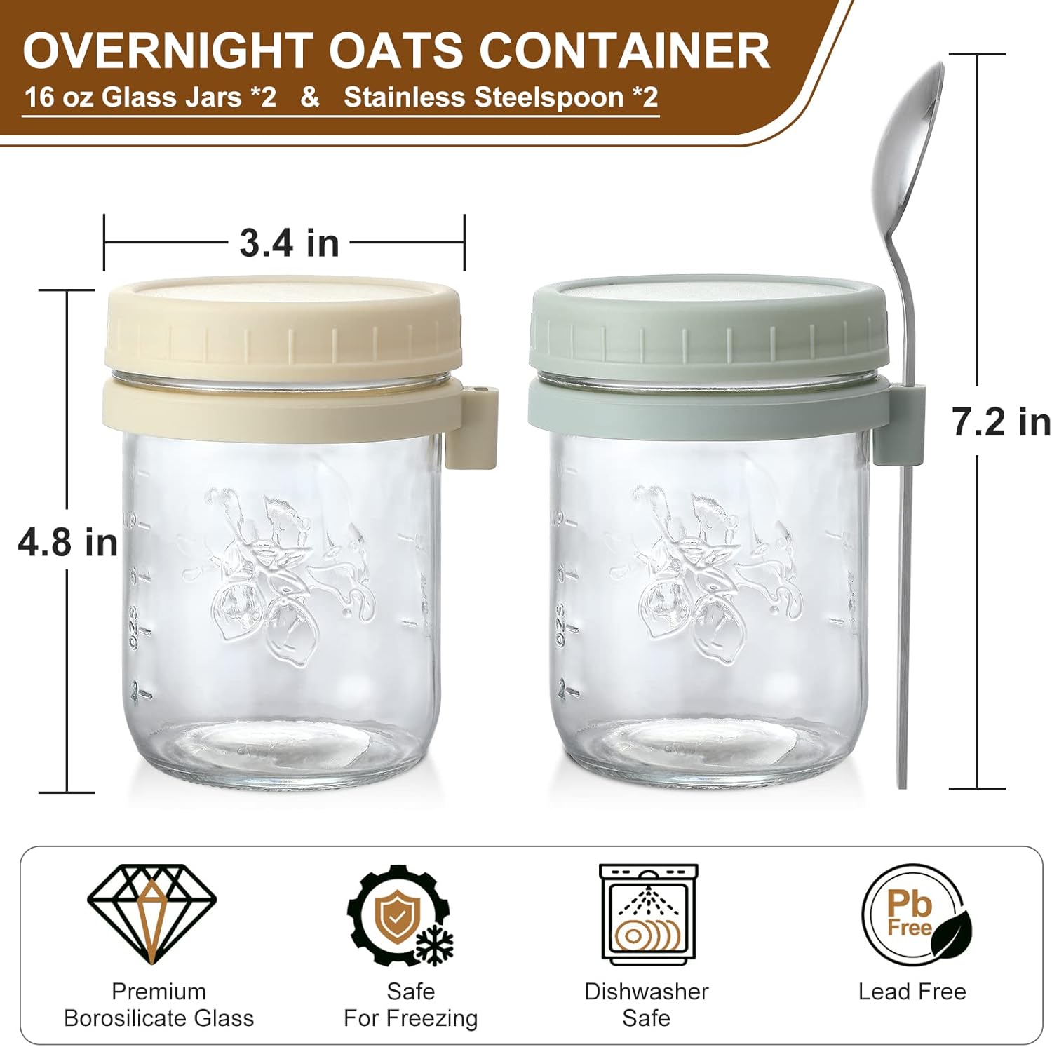 LANDNEOO 2 Pack Overnight Oats Containers with Lids and Spoons, 16 oz Glass Mason Jars for Overnight Oats, Large Capacity Airtight Jars for Milk, Cereal, Fruit (Beige+Green)-1