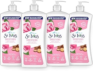 St. Ives Smoothing Hand & Body Lotion for Women with Pump, Daily Moisturizer Rose and Argan Oil for Dry Skin, Made with 100% Natural Moisturizers, 21 fl oz, 4 Pack