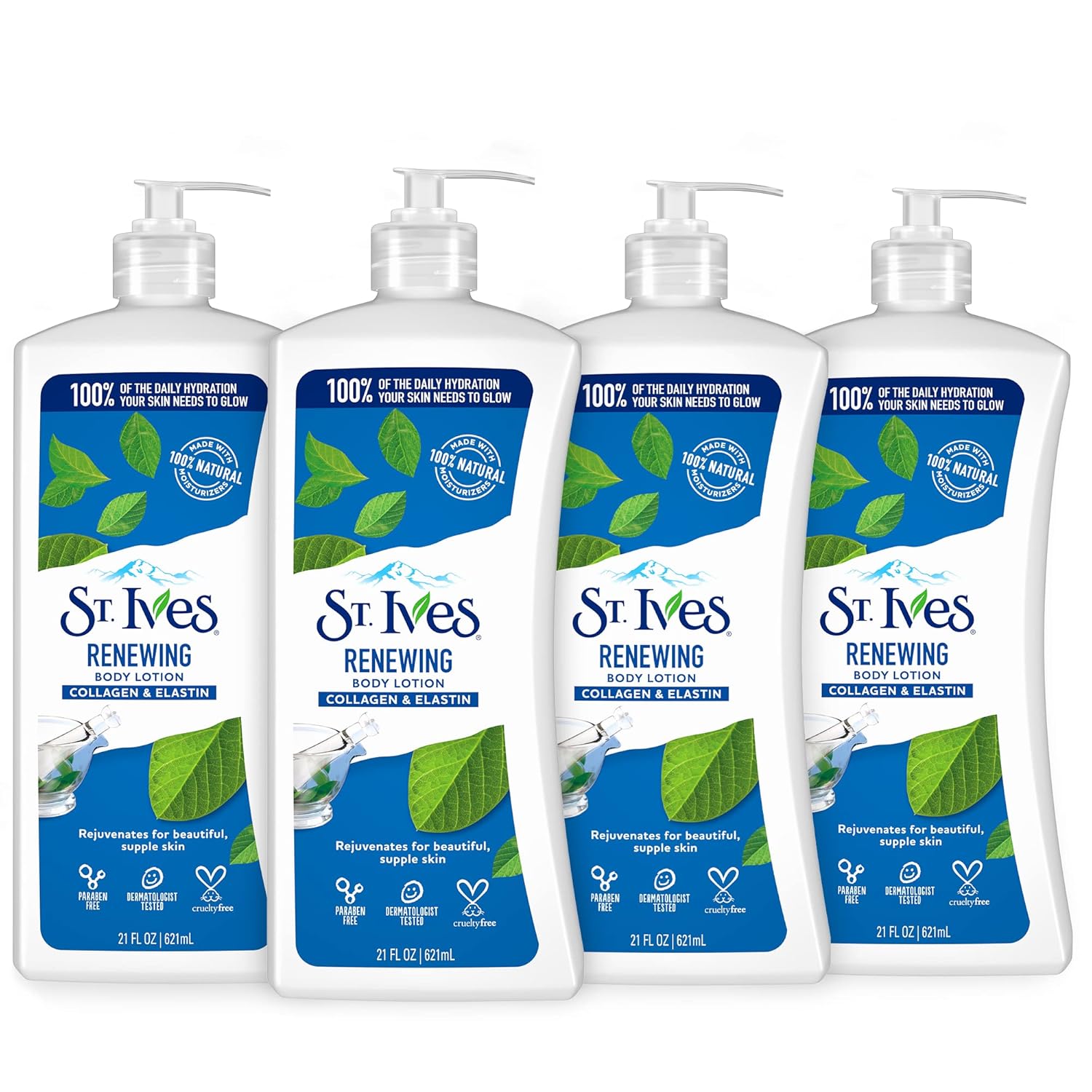 St. Ives Renewing Hand & Body Lotion for Women with Pump, Daily Moisturizer Collagen Elastin for Dry Skin, Made with 100% Natural Moisturizers, 21 fl oz, 4 Pack-0