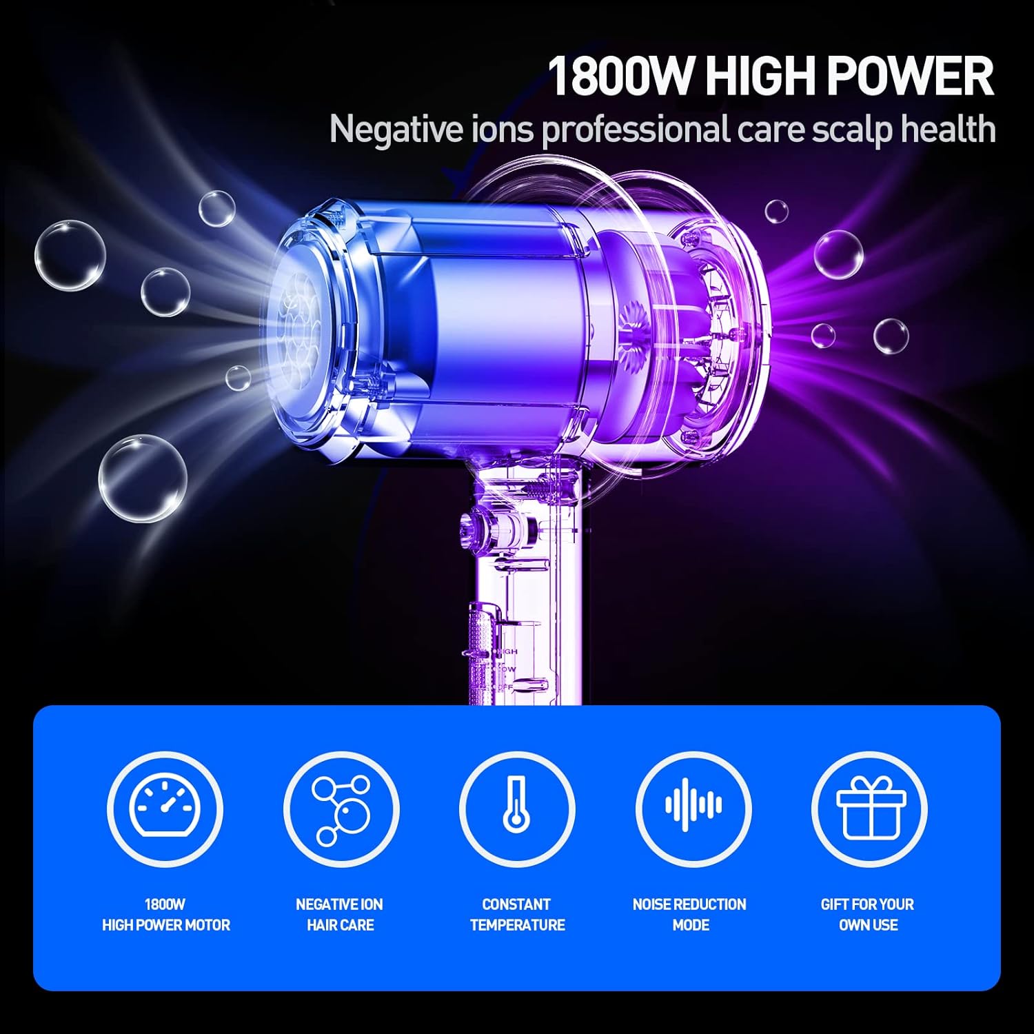 Professional Ionic Negative Hair Dryer with Diffuser Powerful 1800W for Fast Drying Constant Temperature Lightweight Travel Portable Hair Dryers for Curly Straight Hair-3