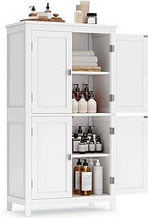 VASAGLE Bathroom Floor Storage Cabinet, Bathroom Storage Unit, Freestanding Cabinet with 4 Doors, Adjustable Shelves, 11.8 x 23.6 x 43.3 Inches, White UBBC552P31