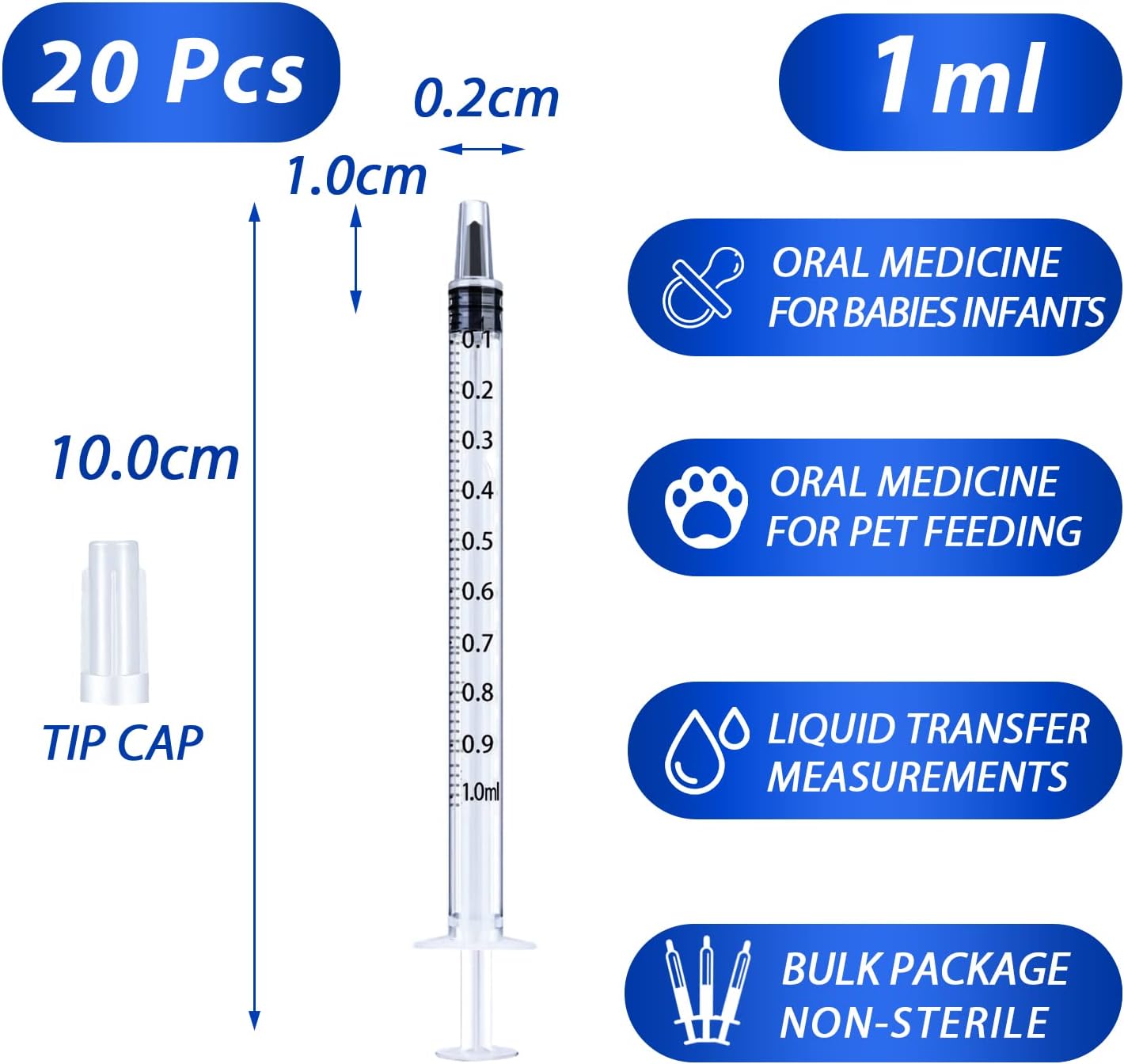 20 Pack 1ml Syringe with Cap for Liquid, 1cc Plastic Small Syringes with Cover, Non-Sterile, No Needle-1