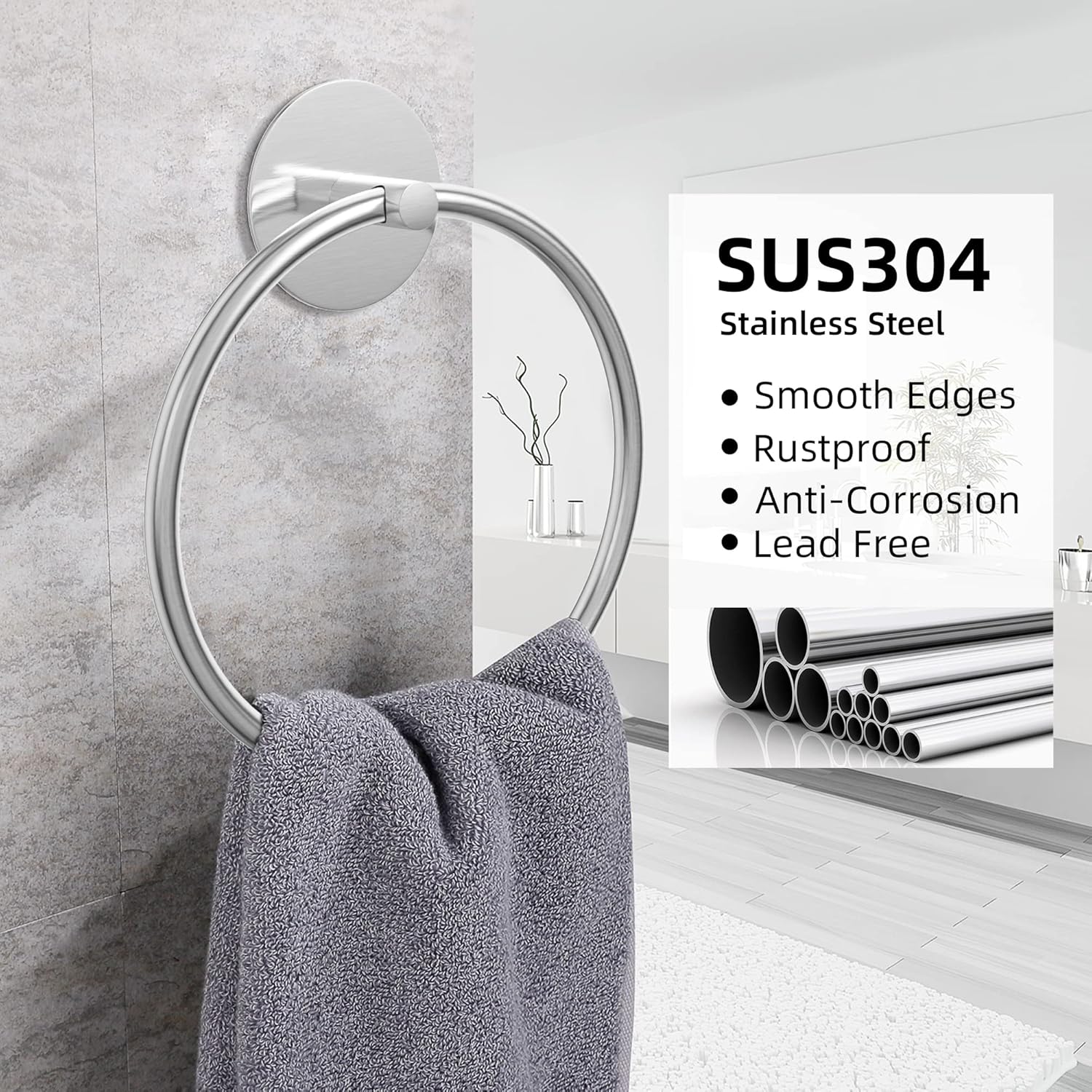 Nickel Brushed Bathroom Towel Ring - SUS304 Stainless Steel Bathroom Towel Rack, Susswiff Adhesive Wall Mounted Hand Towels Holder, Towel Hanger for Bathroom Organizer, Kitchen Storage-1