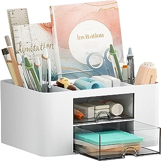 Marbrasse Pen Organizer with 2 Drawer, Multi-Functional Pencil Holder for Desk, Desk Organizers and Accessories with 5 Compartments + Drawer for Office Art Supplies (White)