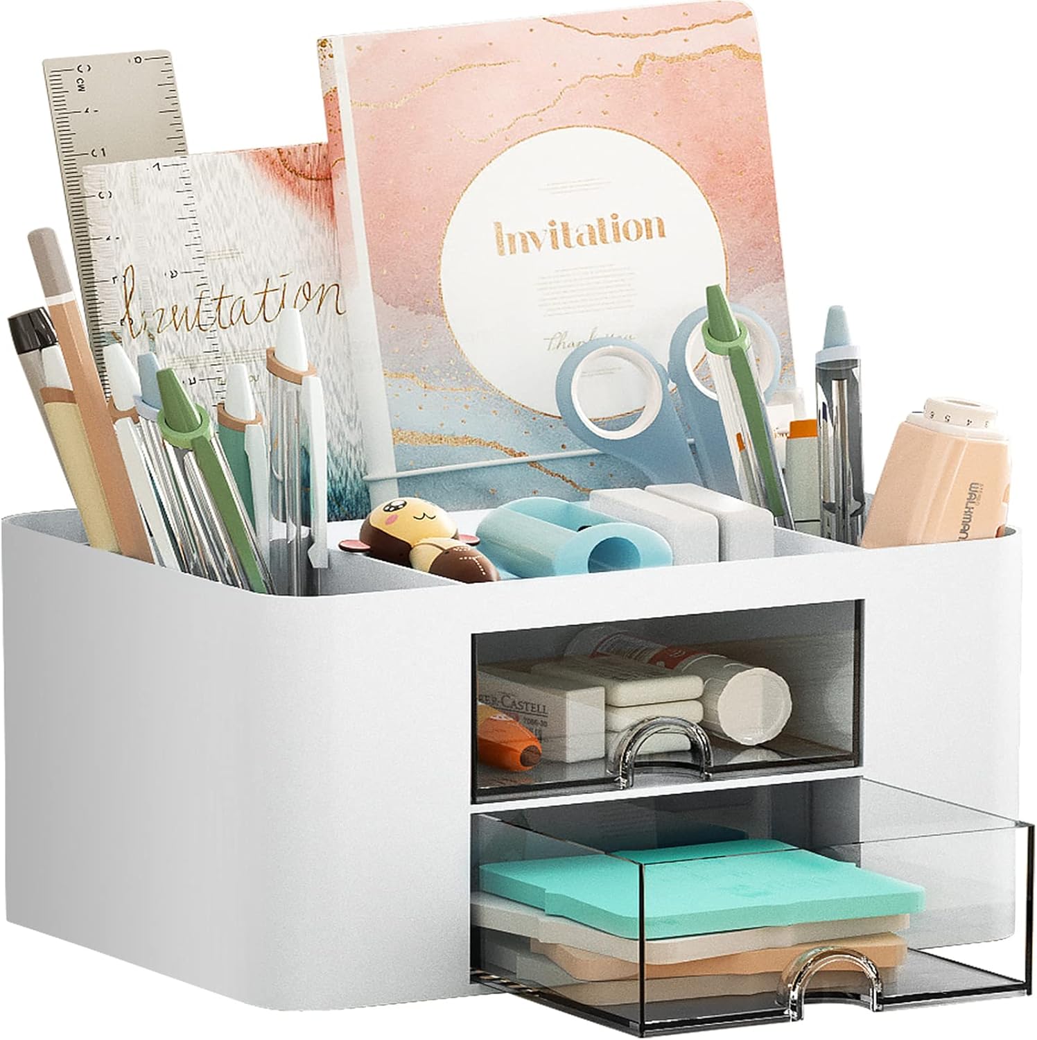 Marbrasse Pen Organizer with 2 Drawer, Multi-Functional Pencil Holder for Desk, Desk Organizers and Accessories with 5 Compartments + Drawer for Office Art Supplies (White)-0