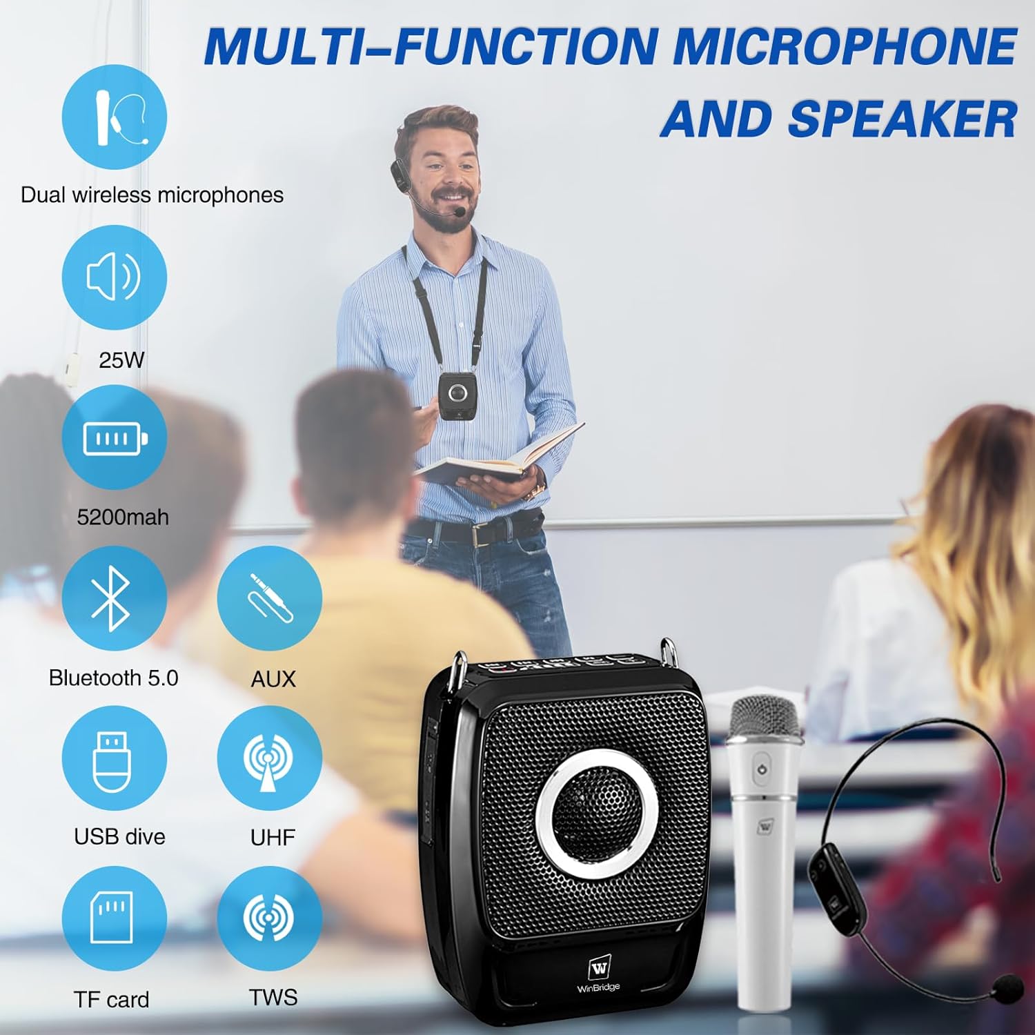 Voice Amplifier with Dual Professional Microphones Wireless-25W Portable Microphone and Speaker Pa System, Bluetooth Speaker with Microphone Megaphone for Teachers Outdoor Indoor ect-2