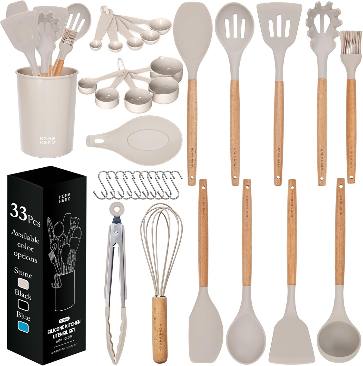 Home Hero 33 Pcs Kitchen Cooking Utensils Set, Non-Stick Silicone Cooking Kitchen Utensils Spatula Set with Holder, Wooden Handle Silicone Kitchen Gadgets Utensil Set (33 Pcs - Khaki)-0