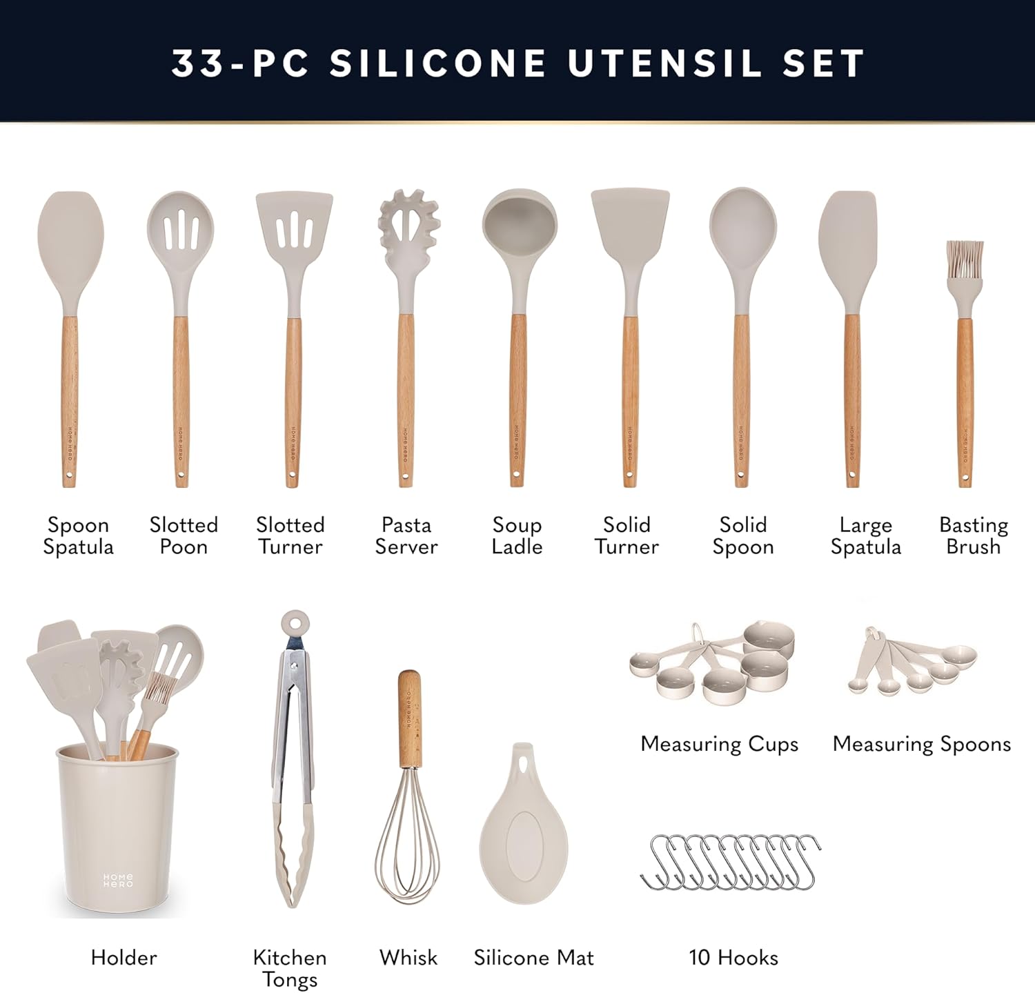 Home Hero 33 Pcs Kitchen Cooking Utensils Set, Non-Stick Silicone Cooking Kitchen Utensils Spatula Set with Holder, Wooden Handle Silicone Kitchen Gadgets Utensil Set (33 Pcs - Khaki)-2