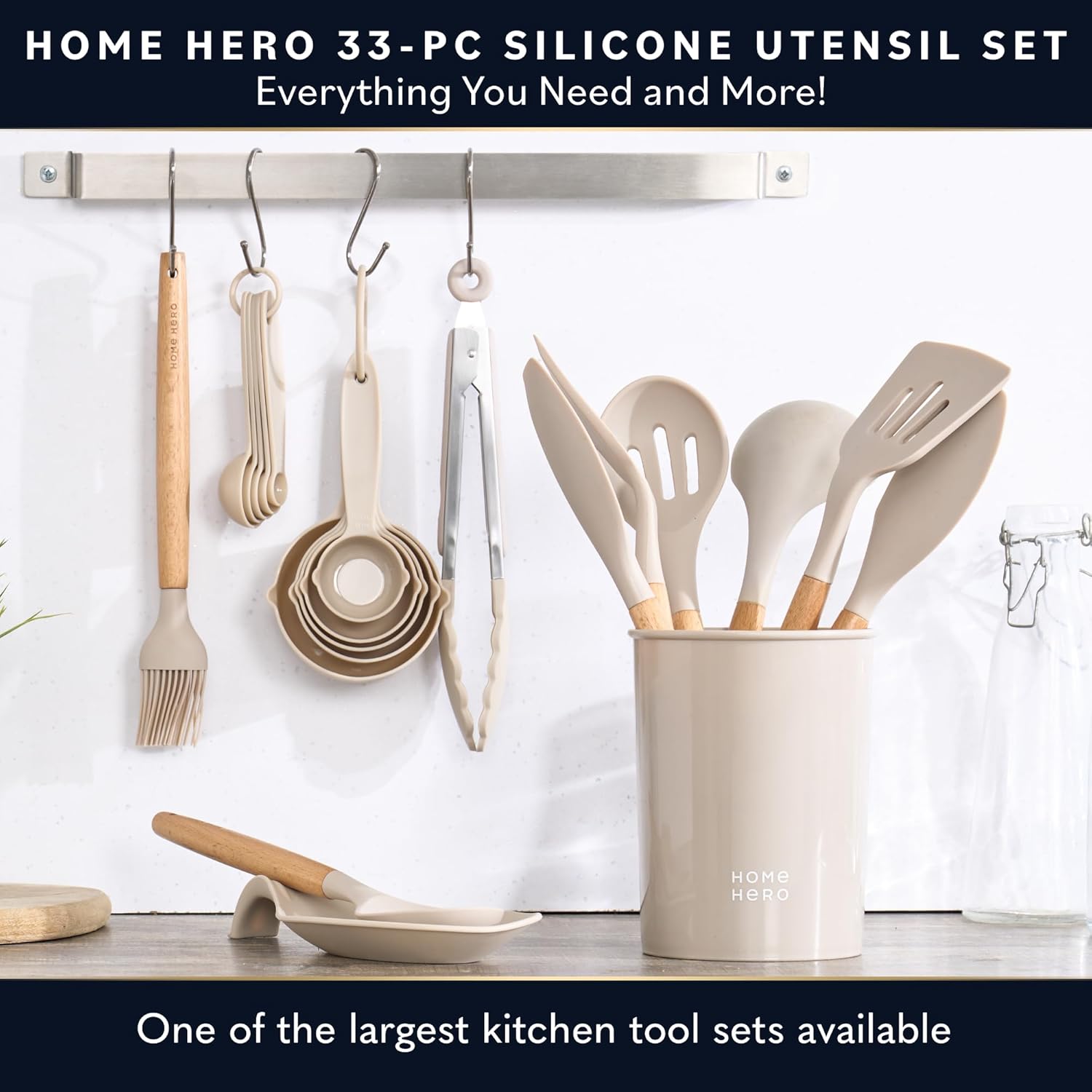 Home Hero 33 Pcs Kitchen Cooking Utensils Set, Non-Stick Silicone Cooking Kitchen Utensils Spatula Set with Holder, Wooden Handle Silicone Kitchen Gadgets Utensil Set (33 Pcs - Khaki)-3