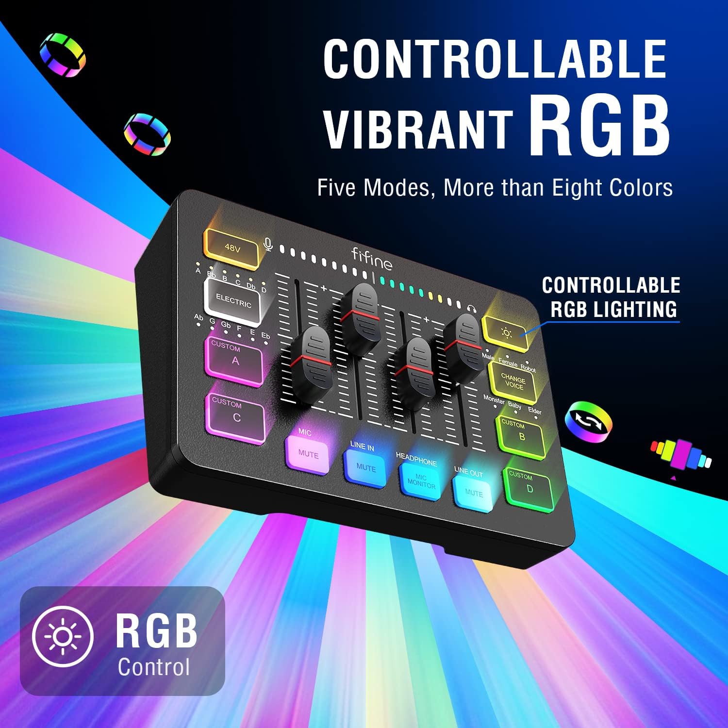 FIFINE Gaming Audio Mixer, Streaming RGB PC Mixer with XLR Microphone Interface, Individual Control, Volume Fader, Mute Button, 48V Phantom Power, for Podcast/Recording/Vocal/Game Voice-AmpliGame SC3-5