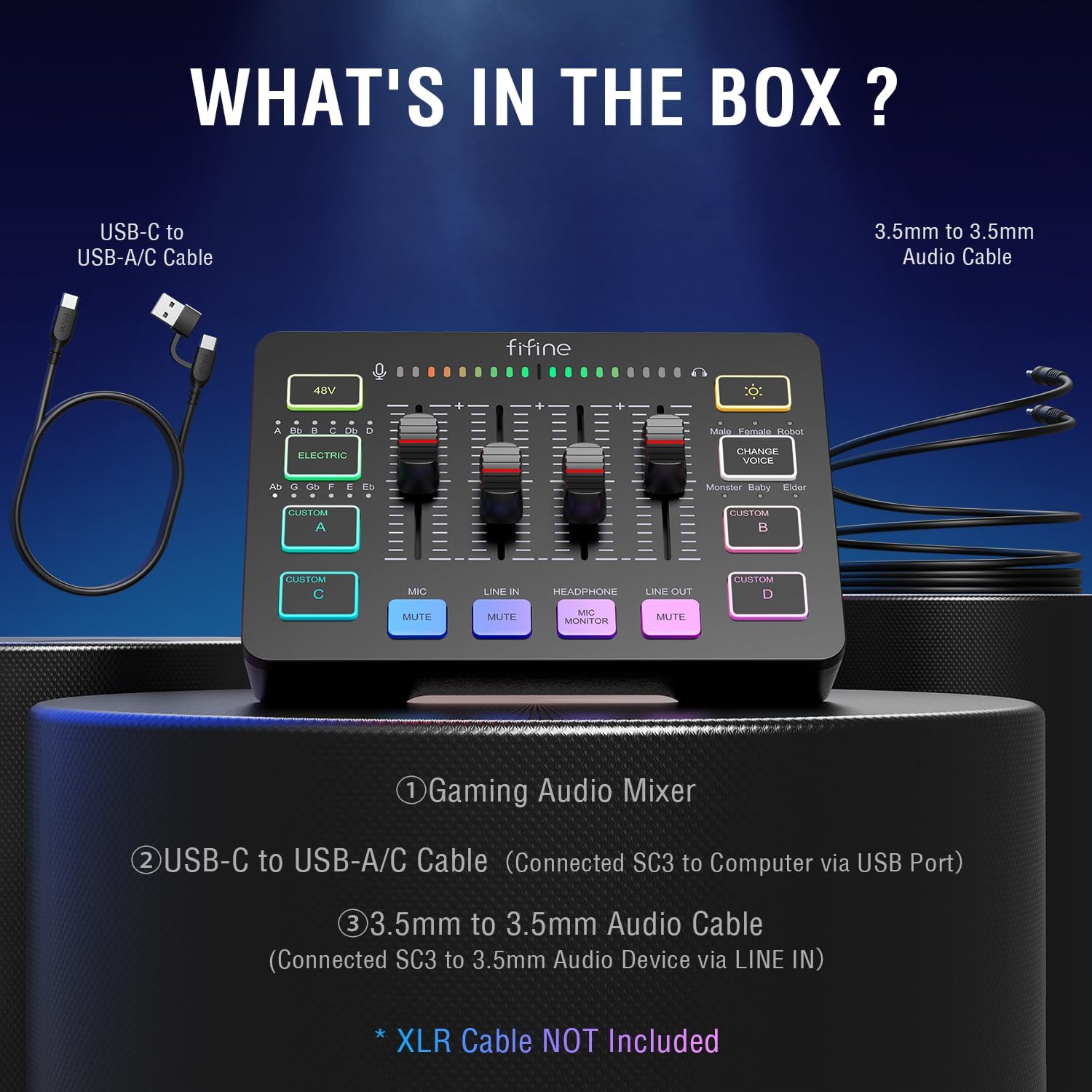 FIFINE Gaming Audio Mixer, Streaming RGB PC Mixer with XLR Microphone Interface, Individual Control, Volume Fader, Mute Button, 48V Phantom Power, for Podcast/Recording/Vocal/Game Voice-AmpliGame SC3-6