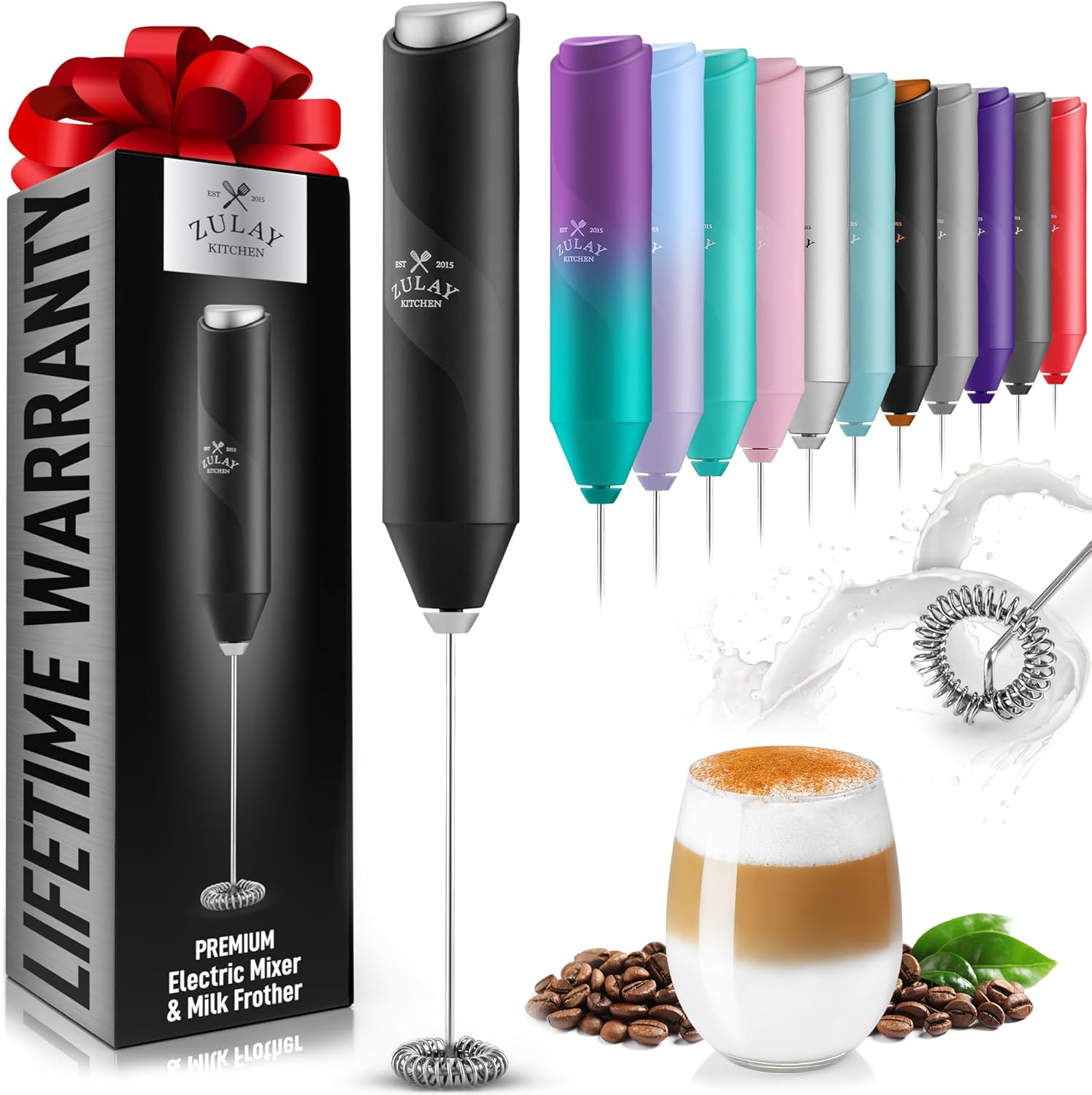 Zulay Kitchen Powerful Milk Frother Wand - Mini Milk Frother Handheld Stainless Steel - Battery Operated Drink Mixer for Coffee, Lattes, Cappuccino, Matcha - Froth Mate Milk Frother Gift - Black-0