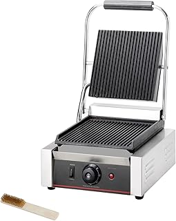 Commercial Panini Press With Grooved Grill Sandwich Maker Machine Electric Contact Grill Single (Single Grooved Top&Bottom)