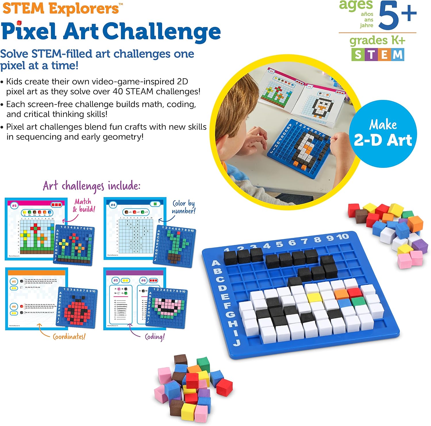 Learning Resources STEM Explorers Pixel Art Challenge, 402 Pieces, Ages 5+, STEM Toys For Kids, Coding Basics For Kids, STEM Activities For Classroom, Medium-5