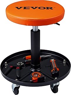 VEVOR Mechanic Stool, 250 LBS Rolling Pneumatic Creeper Garage/Shop Seat, Adjustable Height 16-22 inch in Padded Rolling Workshop Stool with Tool Tray, for Garage, Shop, Auto Repair, Black+Orange